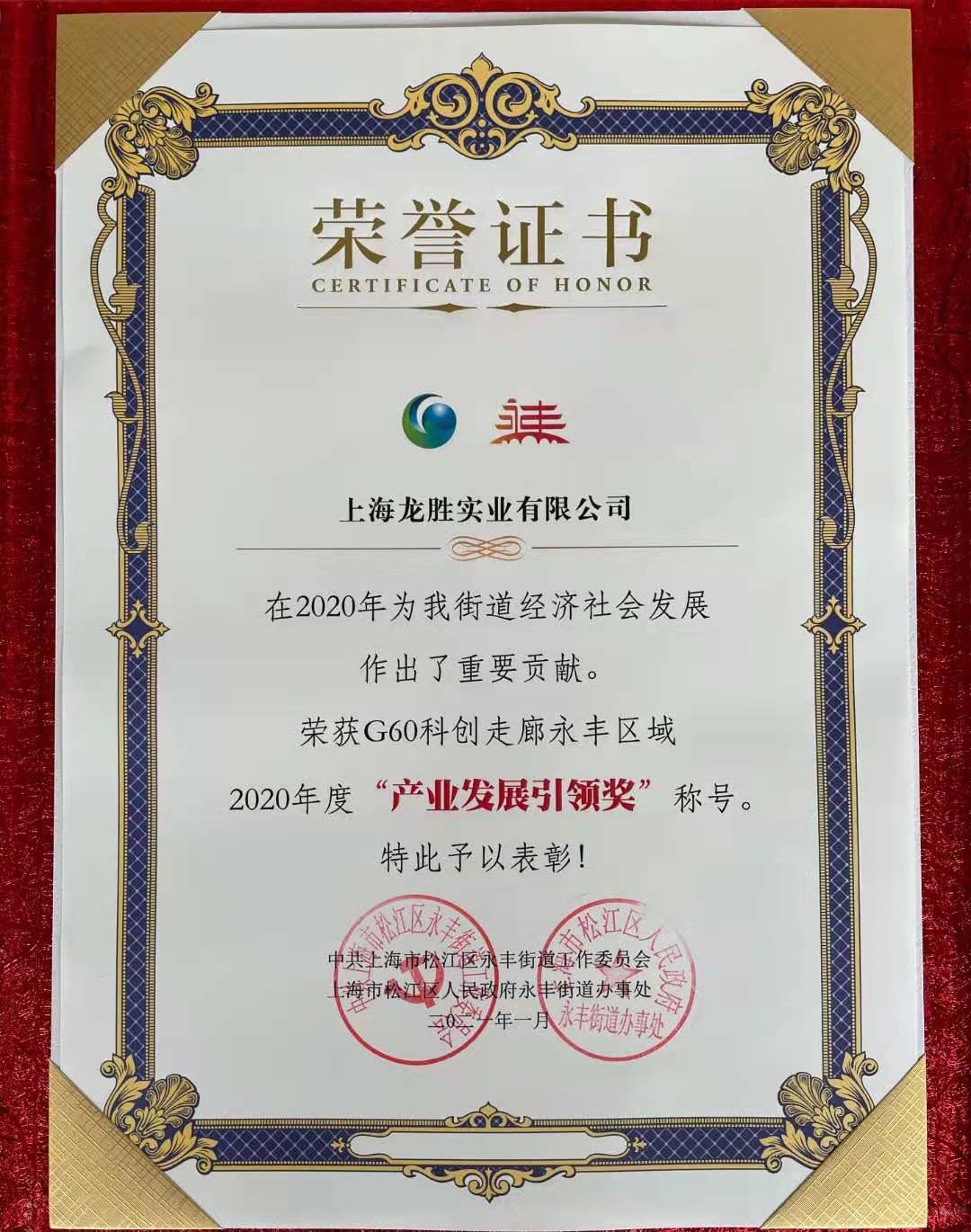 龍勝實(shí)業(yè)榮獲“G60科創(chuàng)走廊永豐區(qū)域2020年度產(chǎn)業(yè)發(fā)展引領(lǐng)獎(jiǎng)”